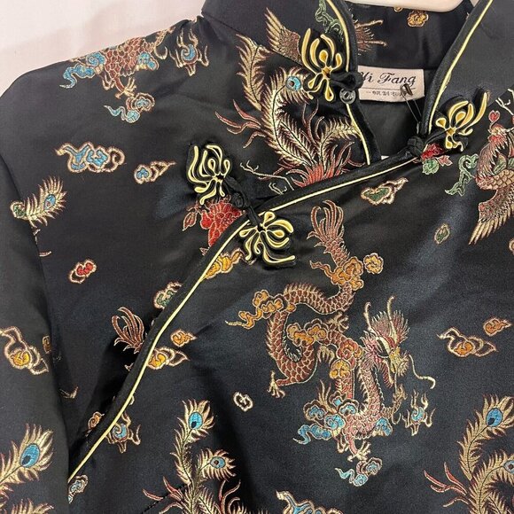 Yi Fang Asian Cheongsam Dress Women Black Embroidered Dragon Peacock Side Slit - Picture 3 of 14